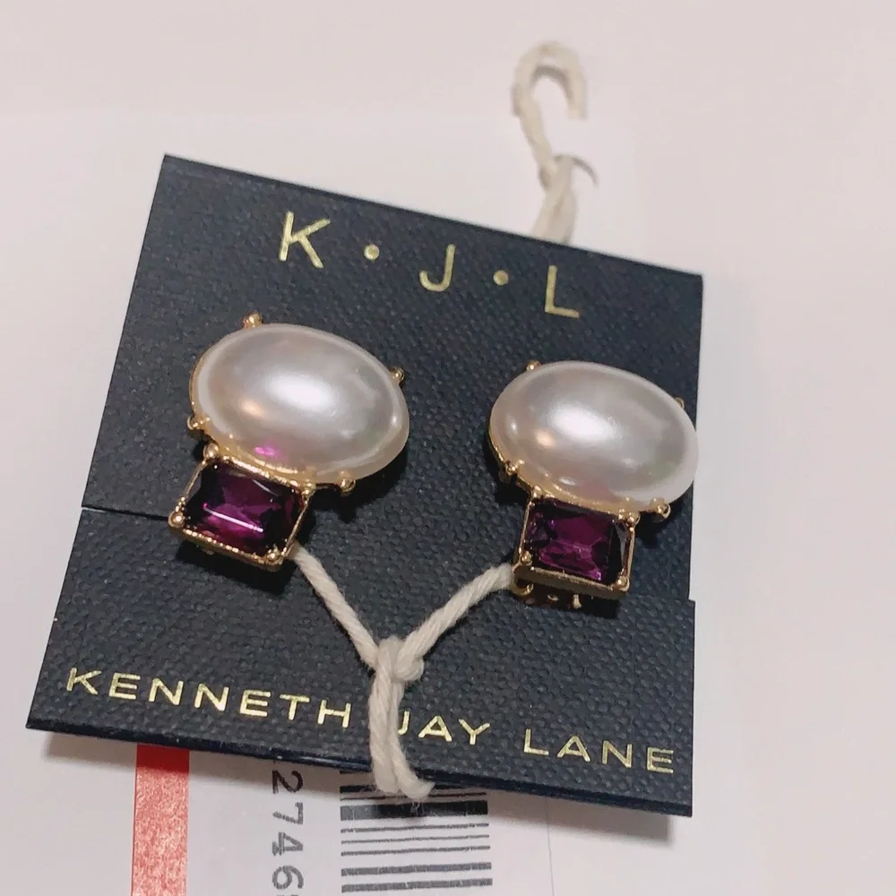 NWT Kenneth Jay Lane Purple Amethyst Crystal Pearl Clip On Earring - Picture 4 of 10
